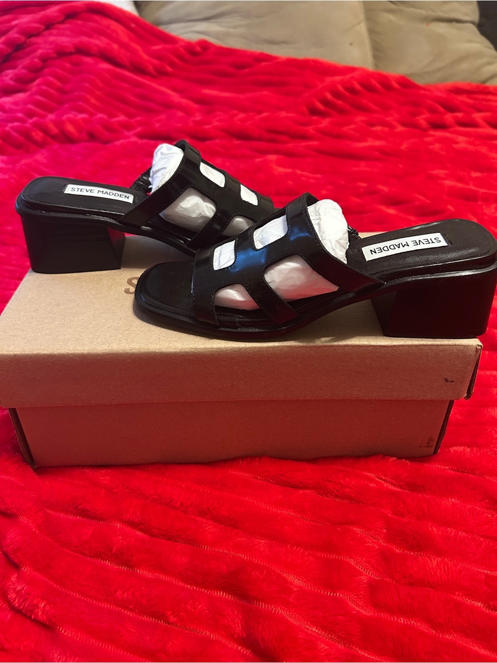 Steve Madden Black Leather Cutout Block Heel Mules